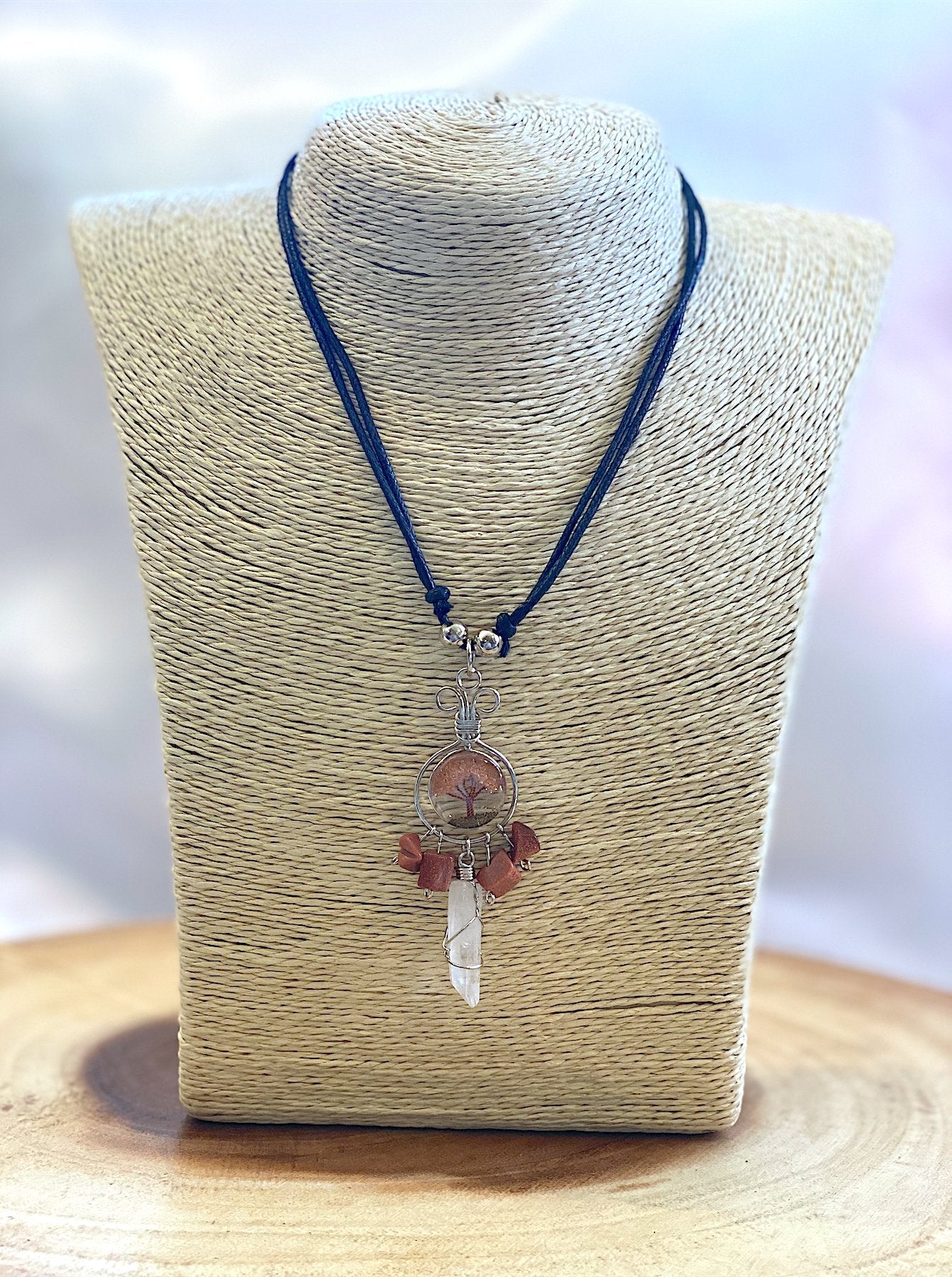 Clear Quartz & Red Goldstone Wire Wrapped Crystal on Tree of Life Pendant - Shop Cosmic Healing