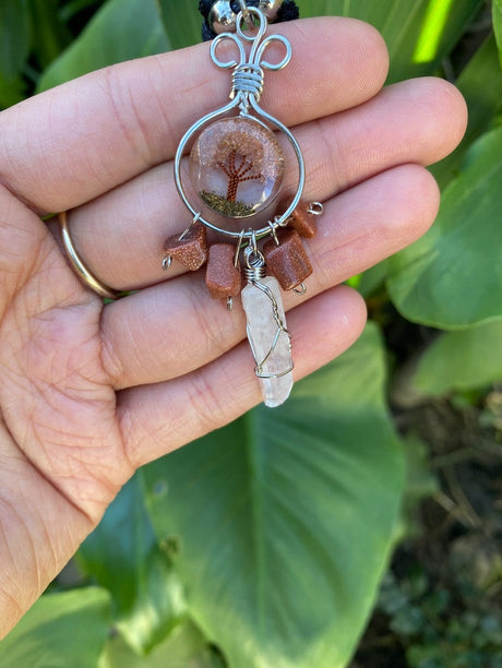 Clear Quartz & Red Goldstone Wire Wrapped Crystal on Tree of Life Pendant - Shop Cosmic Healing