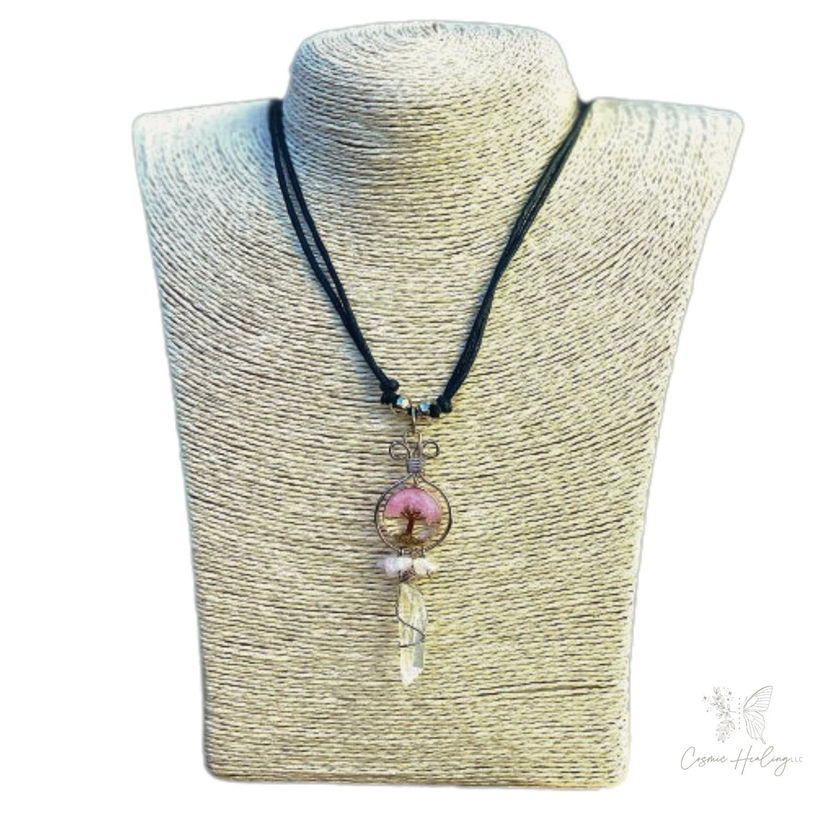 Tree of Life pendant featuring clear quartz and rose quartz wire-wrapped crystals