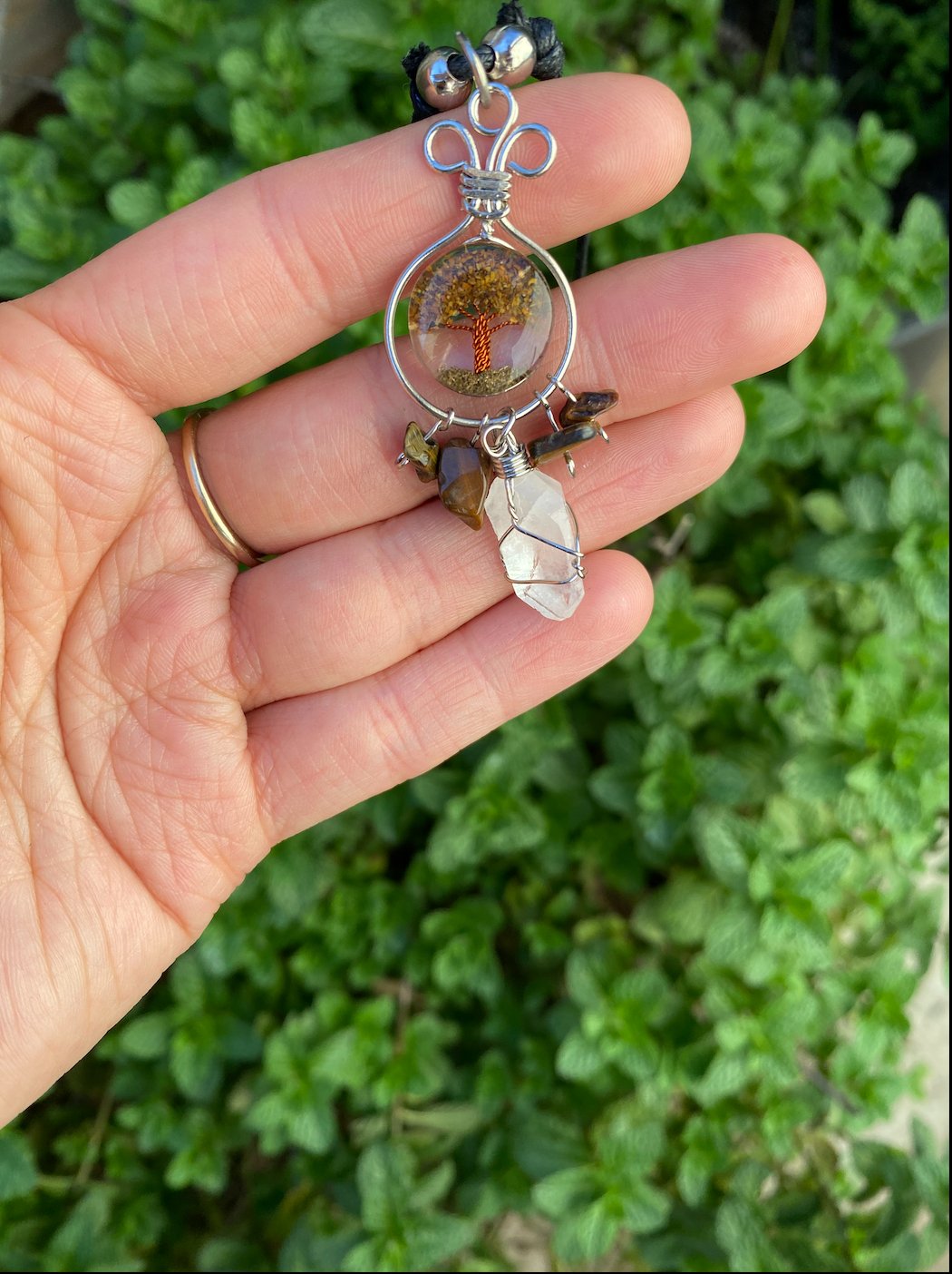 Clear Quartz with Tiger's Eye Wire Wrapped Crystal on Tree of Life Pendant - Shop Cosmic Healing