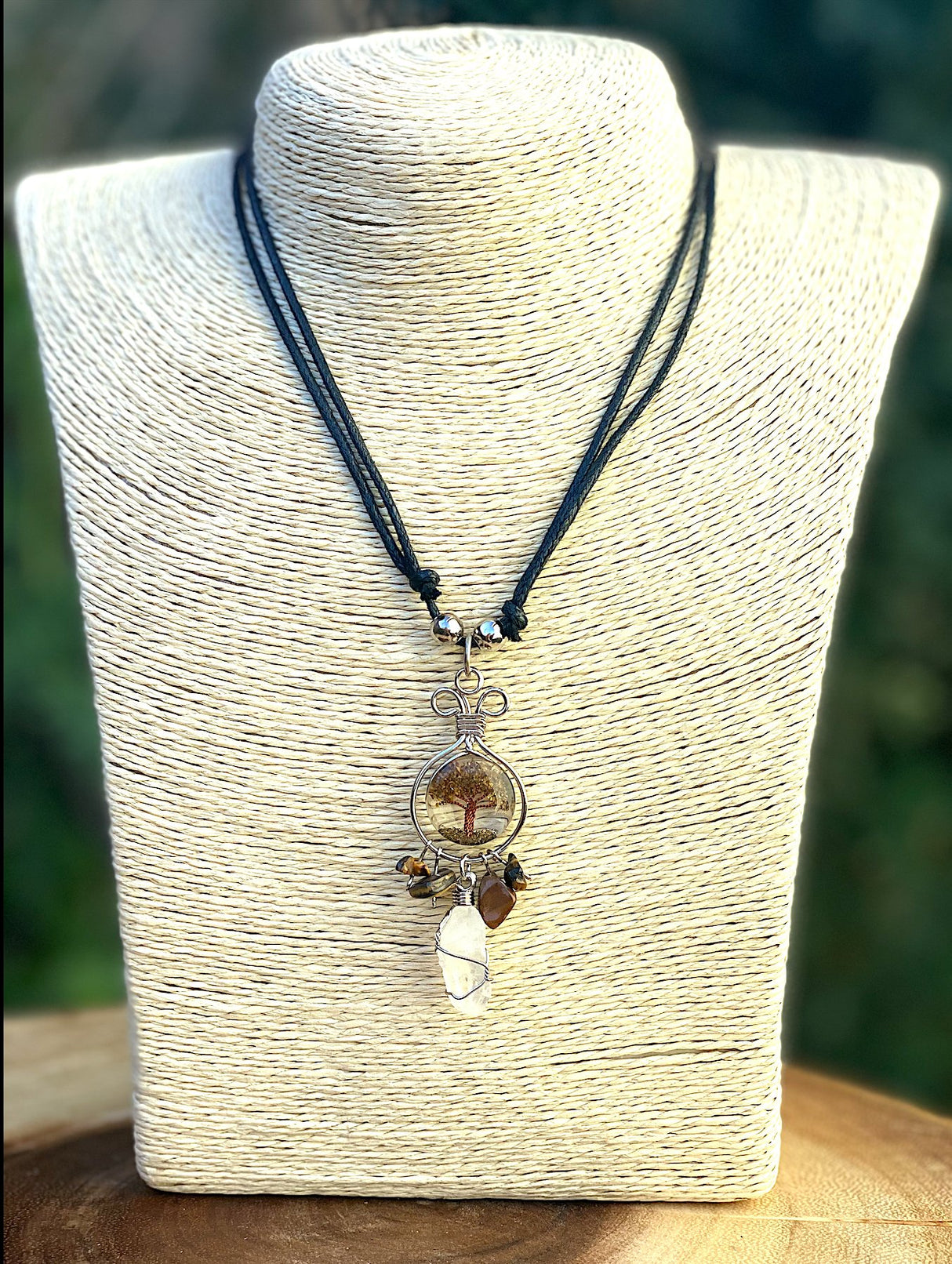 Clear Quartz with Tiger's Eye Wire Wrapped Crystal on Tree of Life Pendant - Shop Cosmic Healing