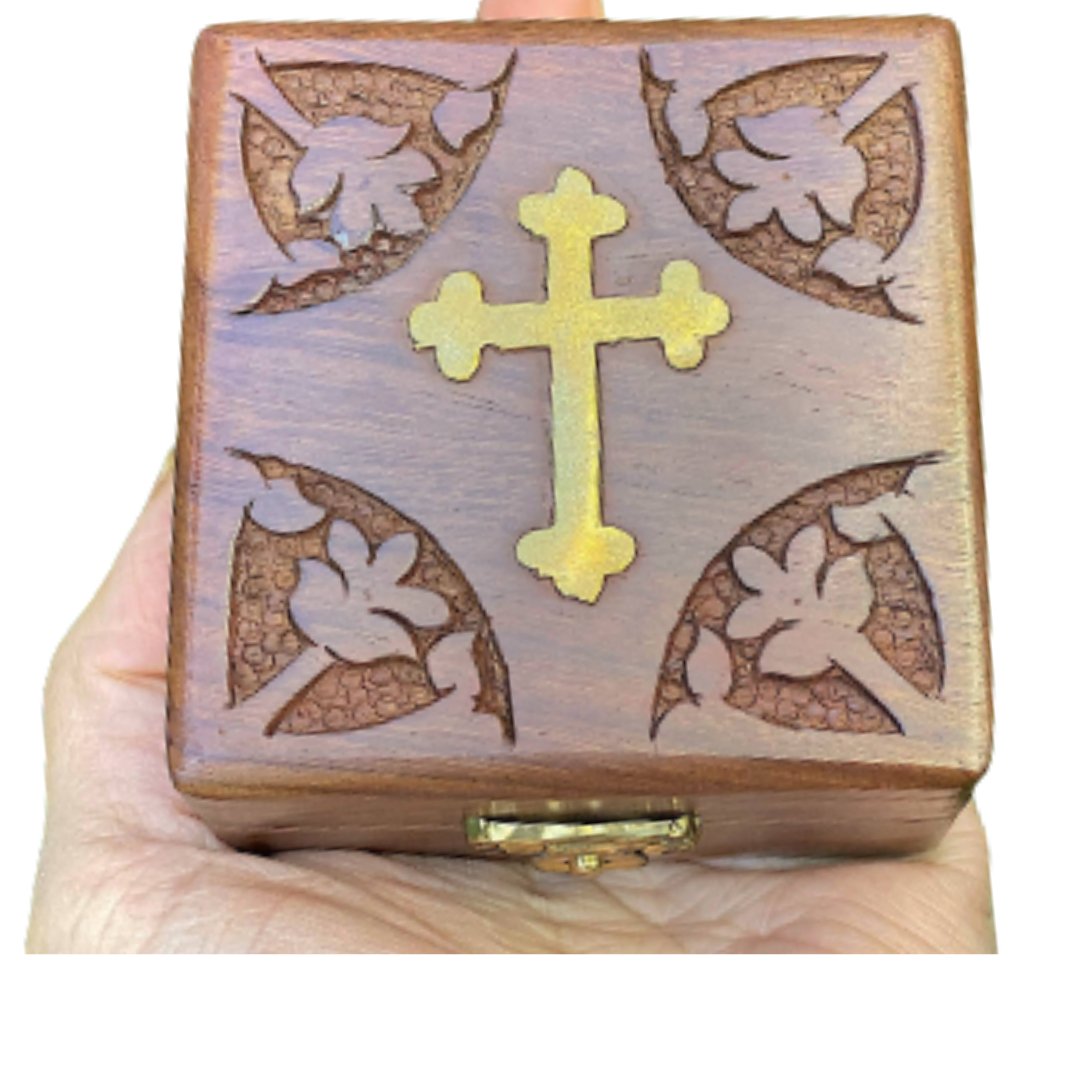 Cross Inlaid Wooden Rosary Keepsake Box 3&quot; - Shop Cosmic Healing