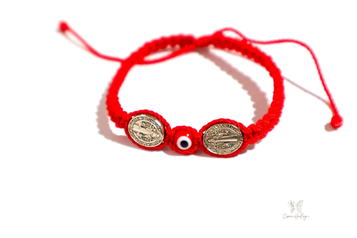 Double Saint Benedict Medal Bracelet With Red Evil Eye - Shop Cosmic Healing