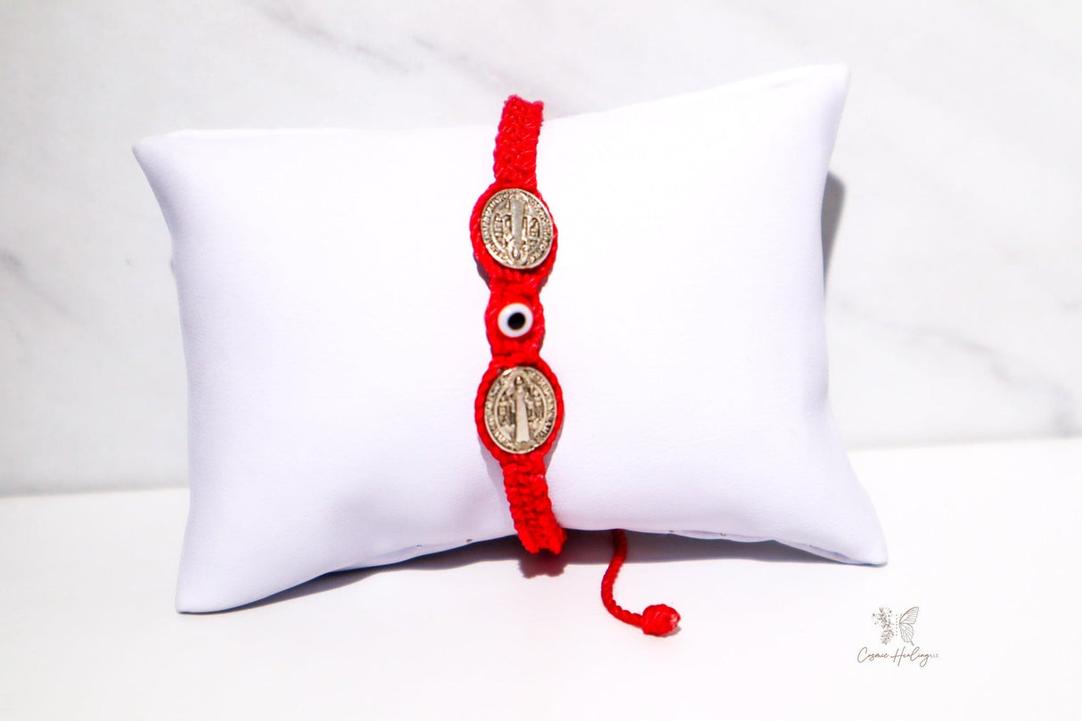 Double Saint Benedict Medal Bracelet With Red Evil Eye - Shop Cosmic Healing