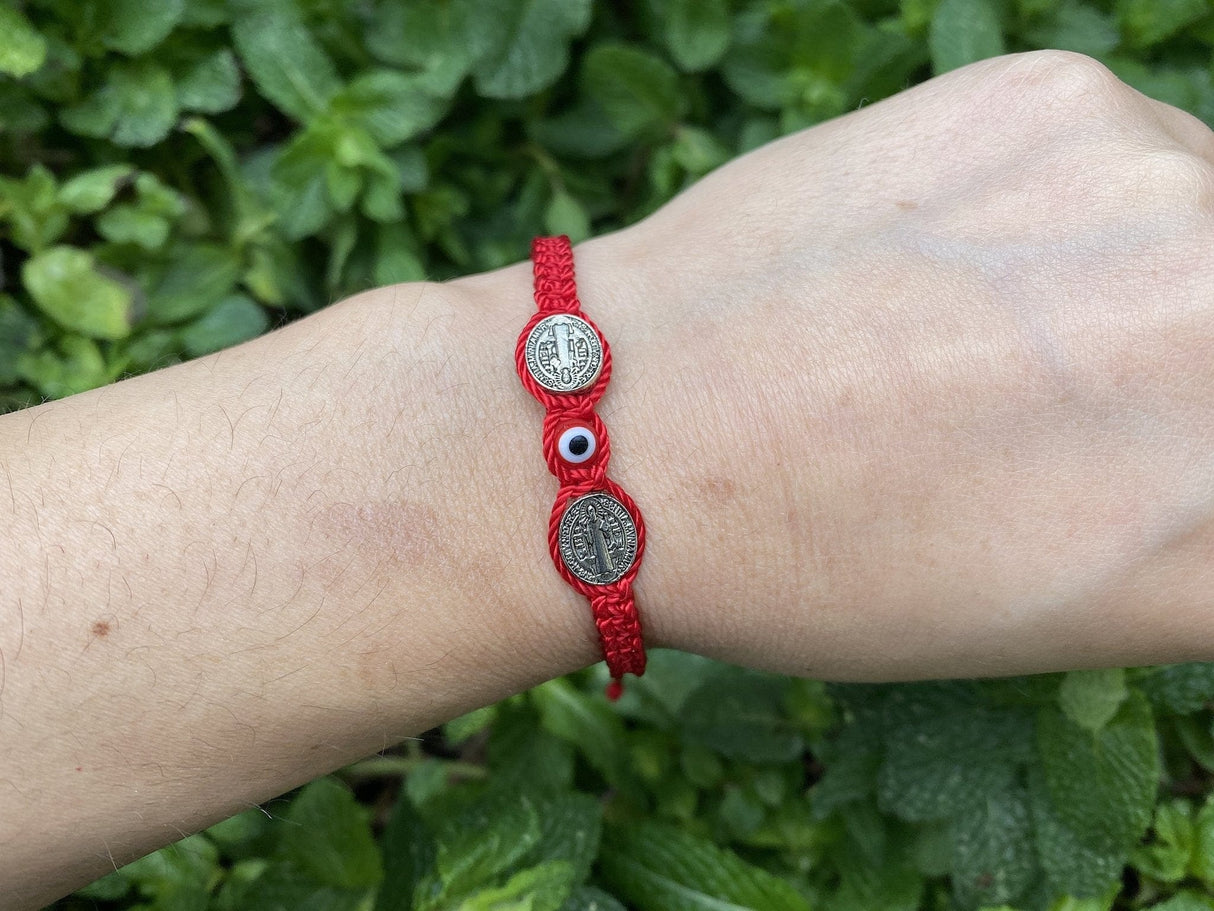 Double Saint Benedict Medal Bracelet With Red Evil Eye - Shop Cosmic Healing