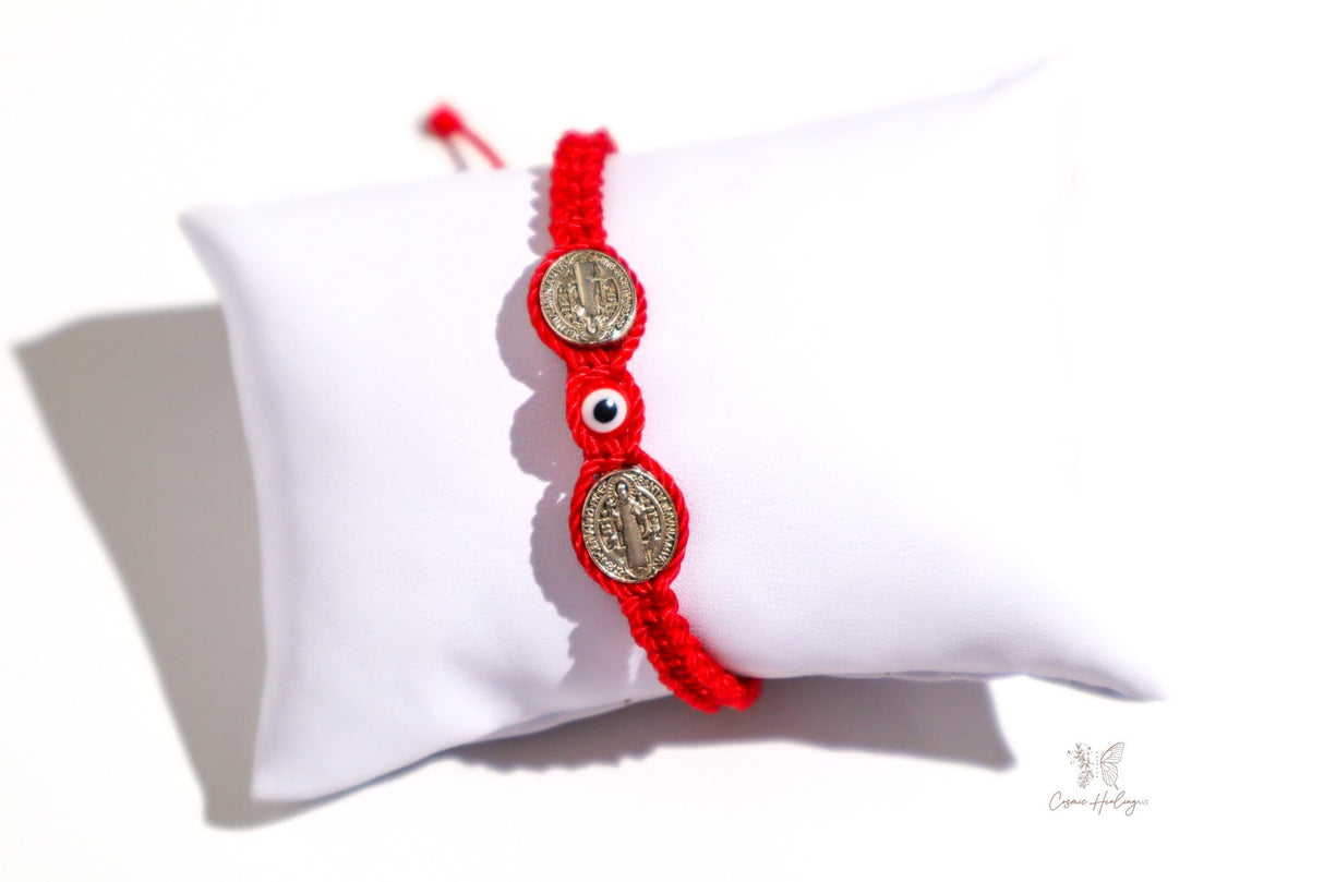 Double Saint Benedict Medal Bracelet With Red Evil Eye - Shop Cosmic Healing