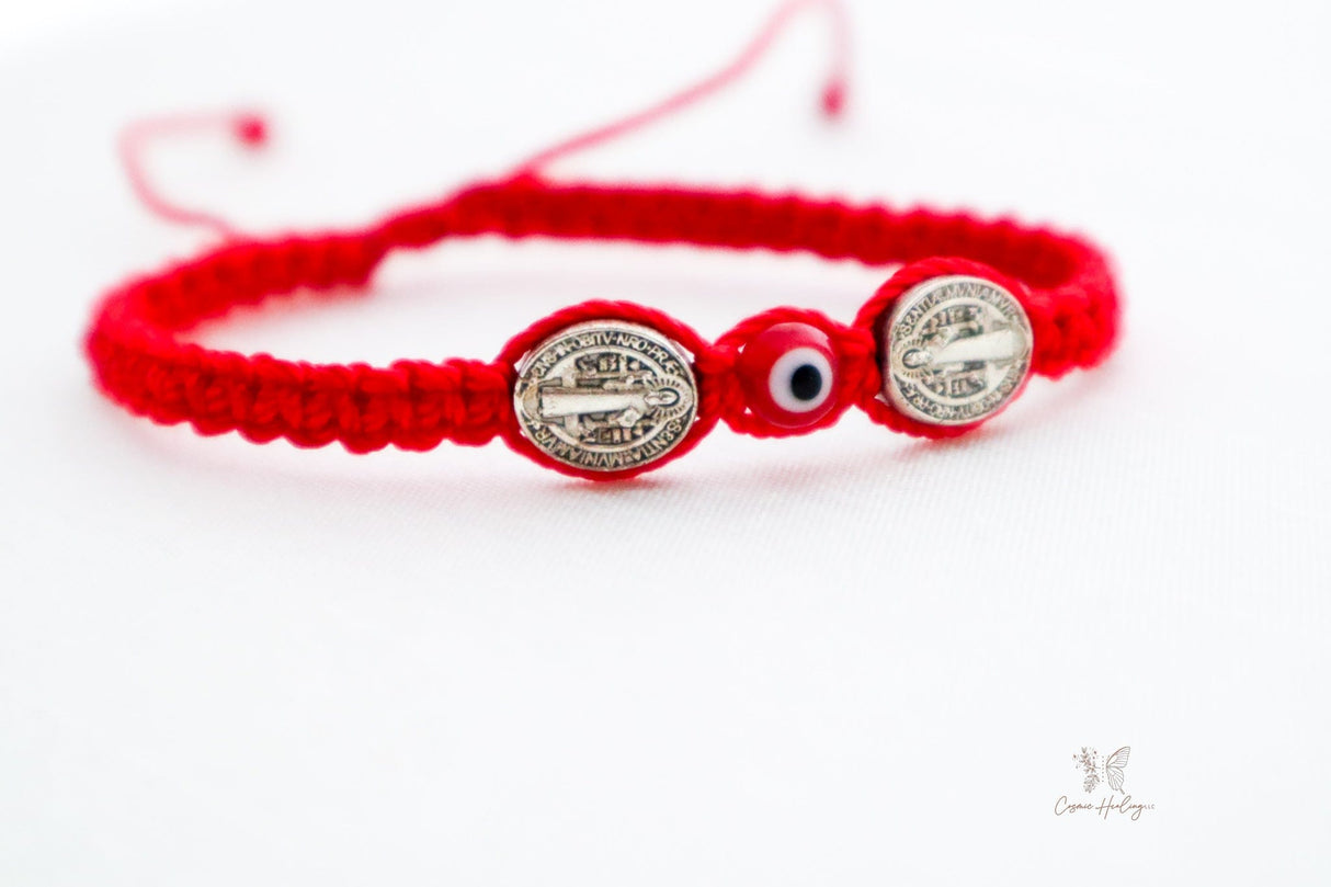 Double Saint Benedict Medal Bracelet With Red Evil Eye - Shop Cosmic Healing