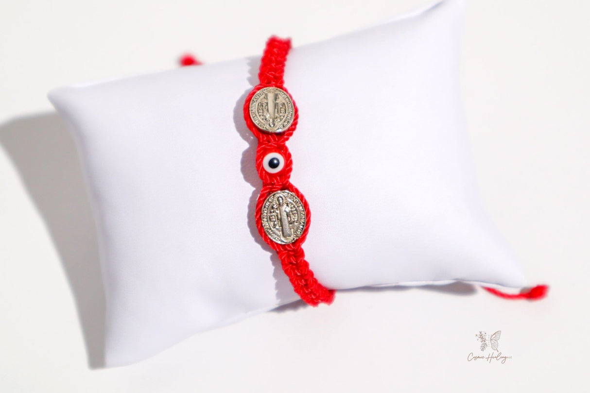 Double Saint Benedict Medal Bracelet With Red Evil Eye - Shop Cosmic Healing