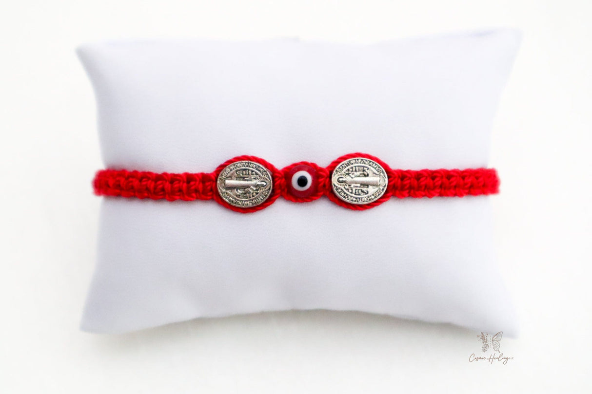 Double Saint Benedict Medal Bracelet With Red Evil Eye - Shop Cosmic Healing