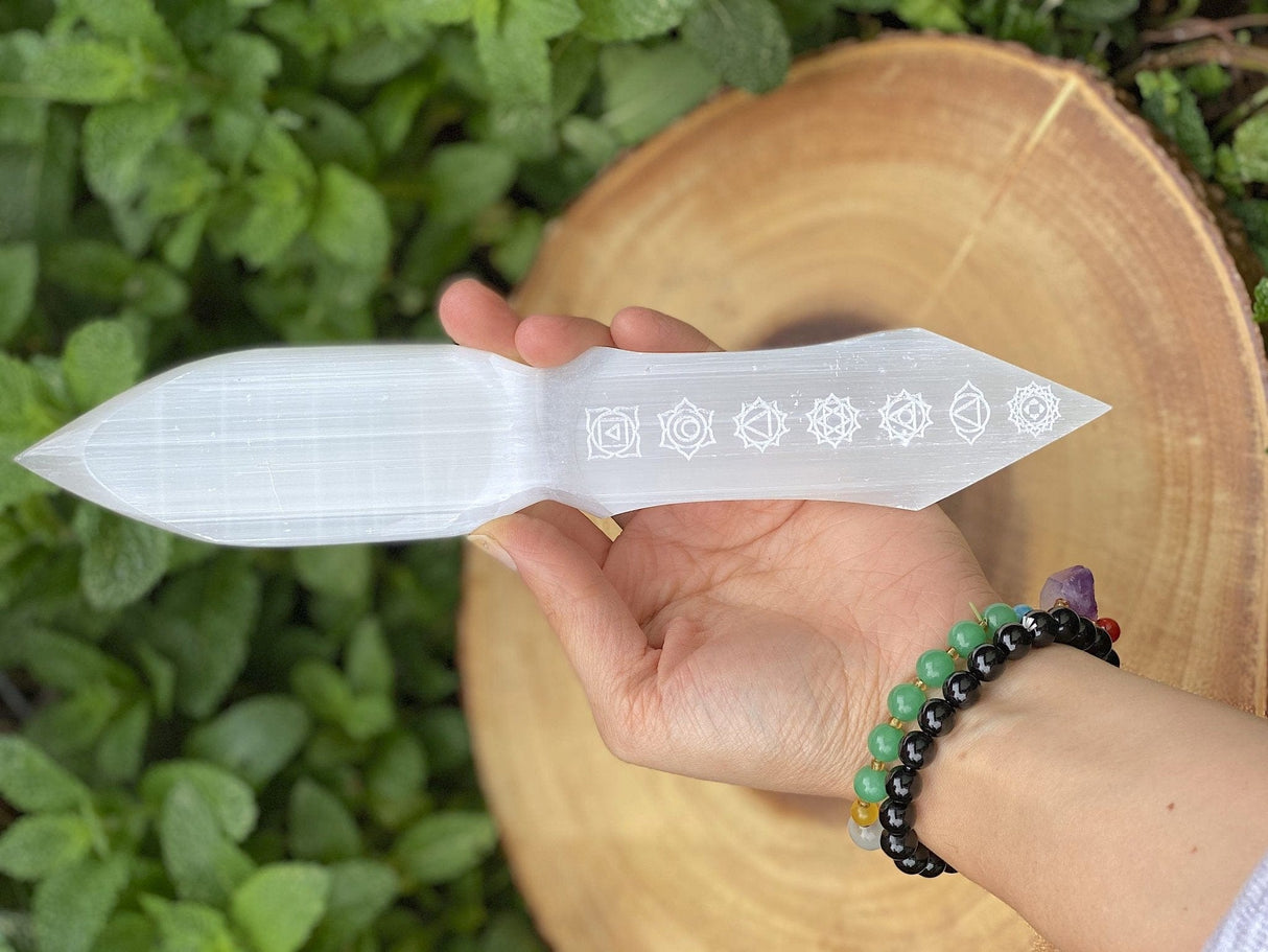 Double Terminated Selenite Dagger Chakra Engraved Ritual Knife 10" - Shop Cosmic Healing