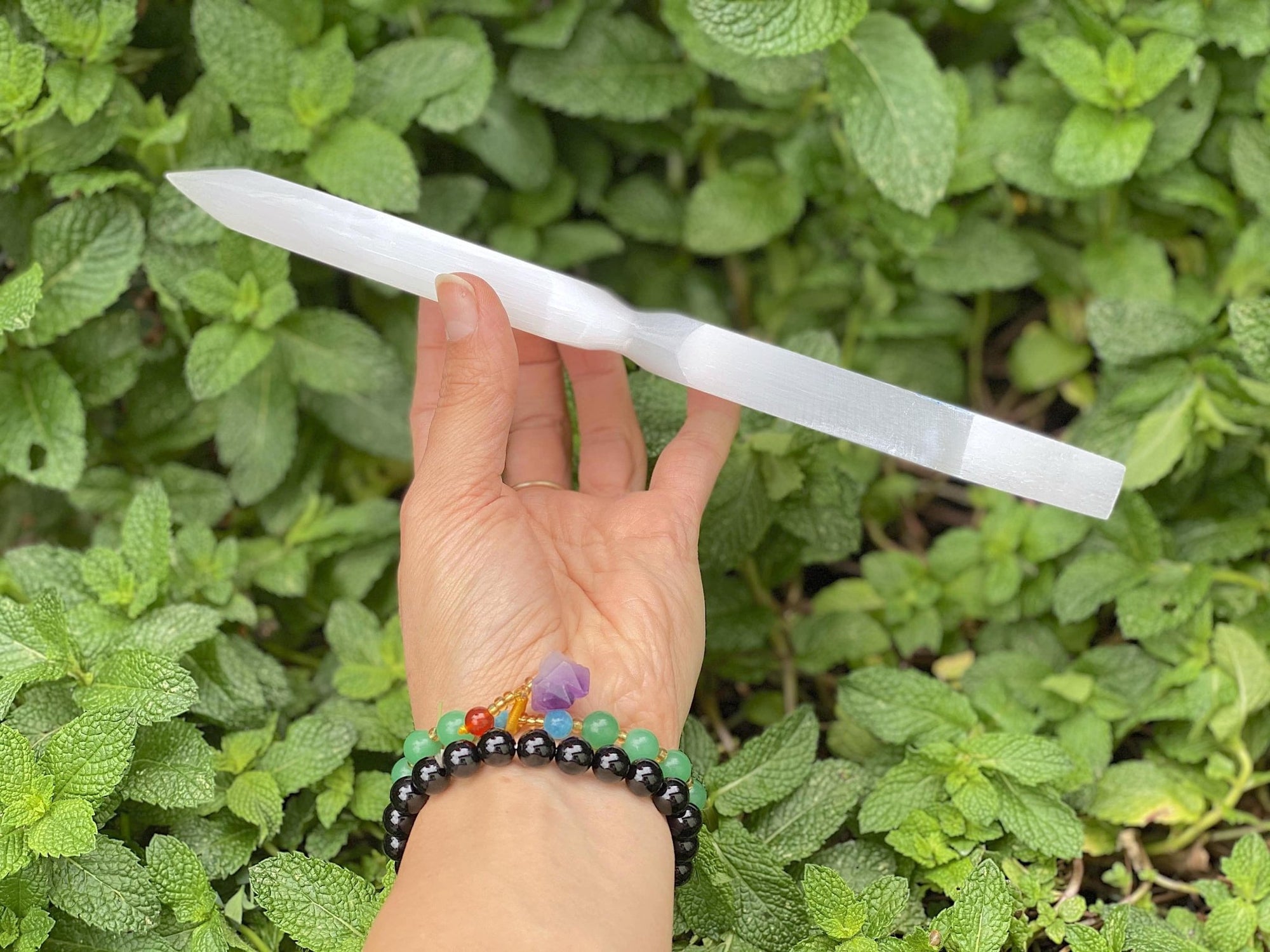 Double Terminated Selenite Dagger Chakra Engraved Ritual Knife 10&quot; - Shop Cosmic Healing