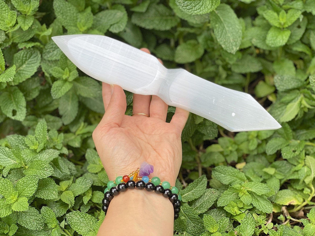 Double Terminated Selenite Dagger Chakra Engraved Ritual Knife 10" - Shop Cosmic Healing