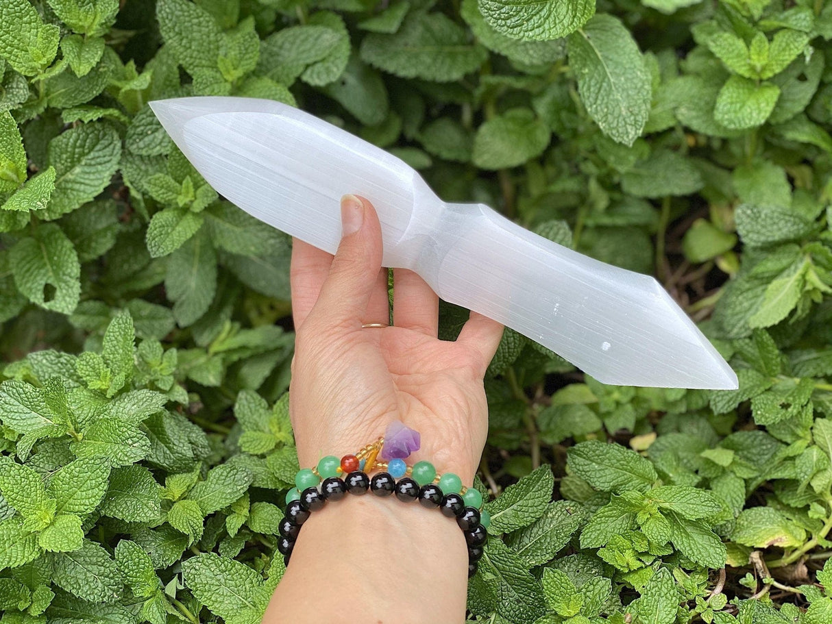 Double Terminated Selenite Dagger Chakra Engraved Ritual Knife 10" - Shop Cosmic Healing