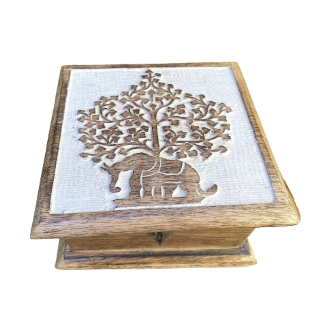 Elephant Tree Carved Wood Box 7x7" - Shop Cosmic Healing