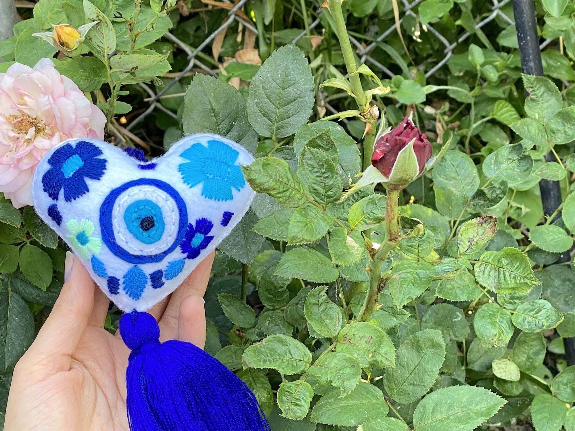 Embroidered Heart Tassel Blue Evil Eye - Shop Cosmic Healing