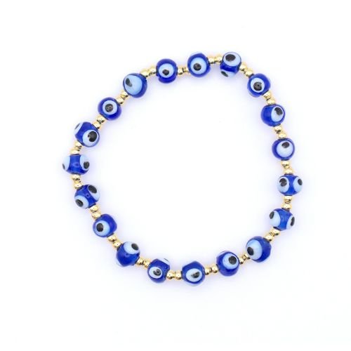 Glass Blue Evil Eye & Gold Bead Stretch Bracelet 6mm - Shop Cosmic Healing