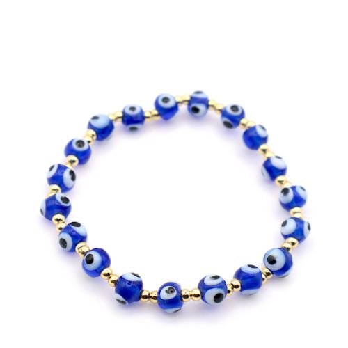 Glass Blue Evil Eye & Gold Bead Stretch Bracelet 6mm - Shop Cosmic Healing