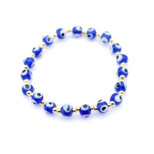 Glass Blue Evil Eye & Gold Bead Stretch Bracelet 6mm - Shop Cosmic Healing