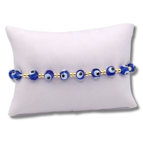 Glass Blue Evil Eye & Gold Bead Stretch Bracelet 6mm - Shop Cosmic Healing