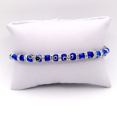 Glass Blue Evil Eye & Gold Bead Stretch Bracelet 6mm - Shop Cosmic Healing