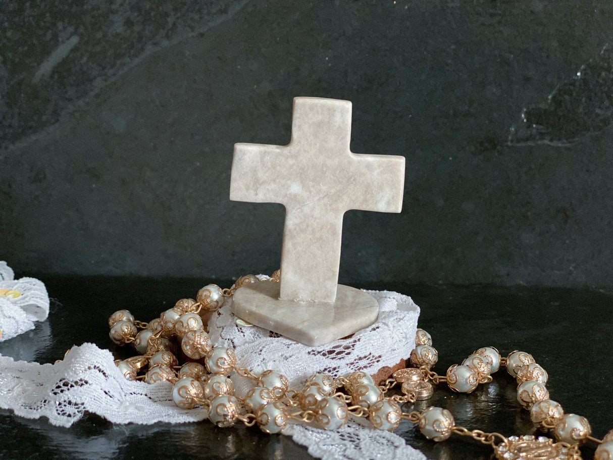 Grey Mexican Onyx Crystal Cross With Heart Shape Base 3" - Shop Cosmic Healing