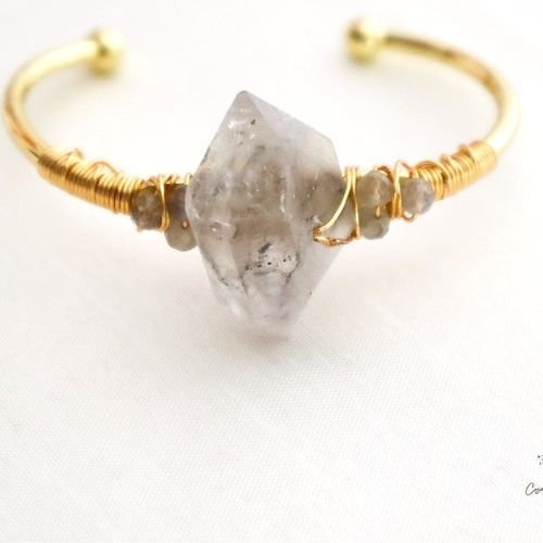 Herkimer Diamond and Labradorite Cuff Bangle Bracelet to awaken spiritual and psychic abilities, manifestation - Shop Cosmic Healing