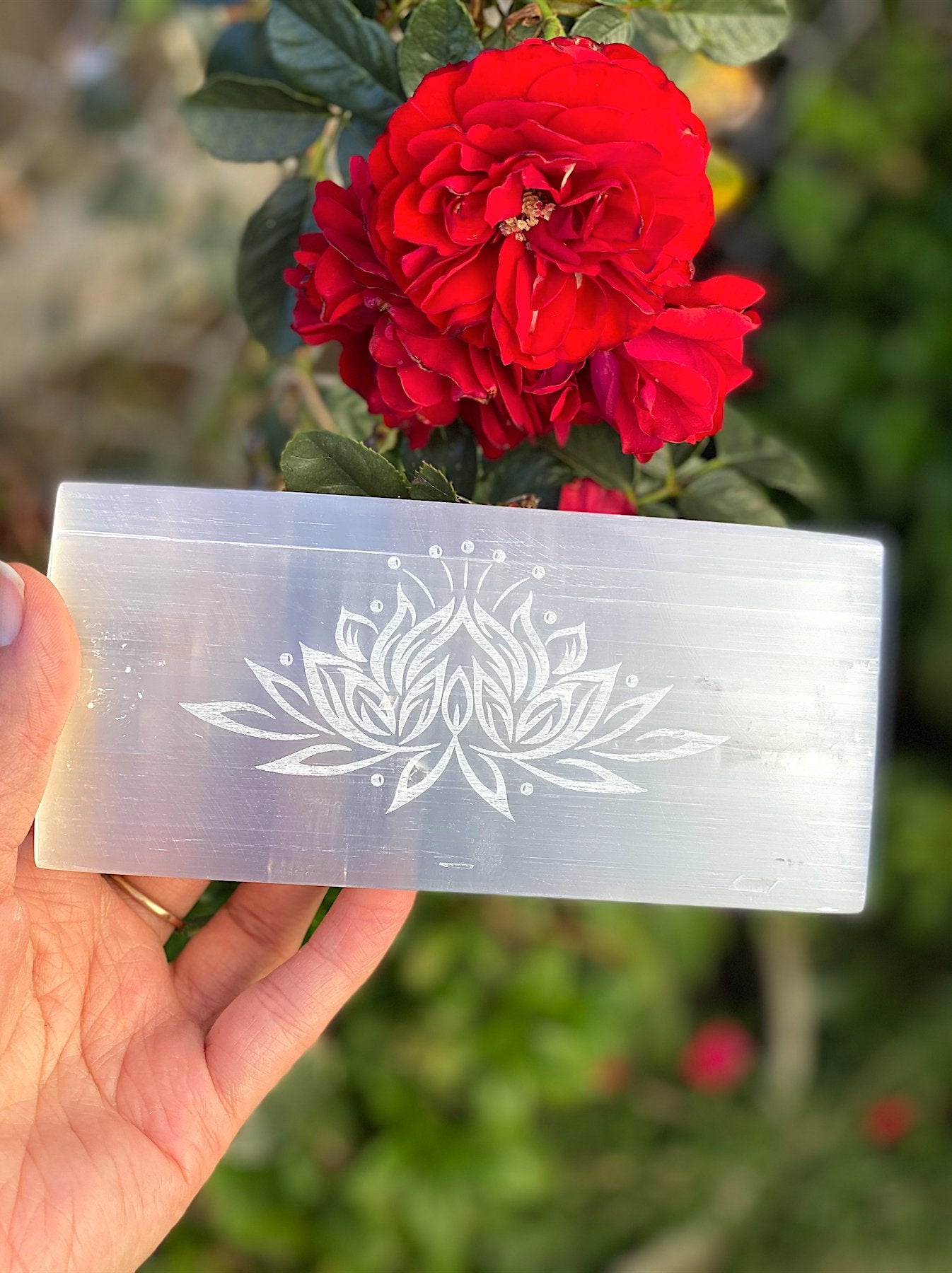 Large Selenite Rectangle Laser Etched Lotus Flower - Shop Cosmic Healing
