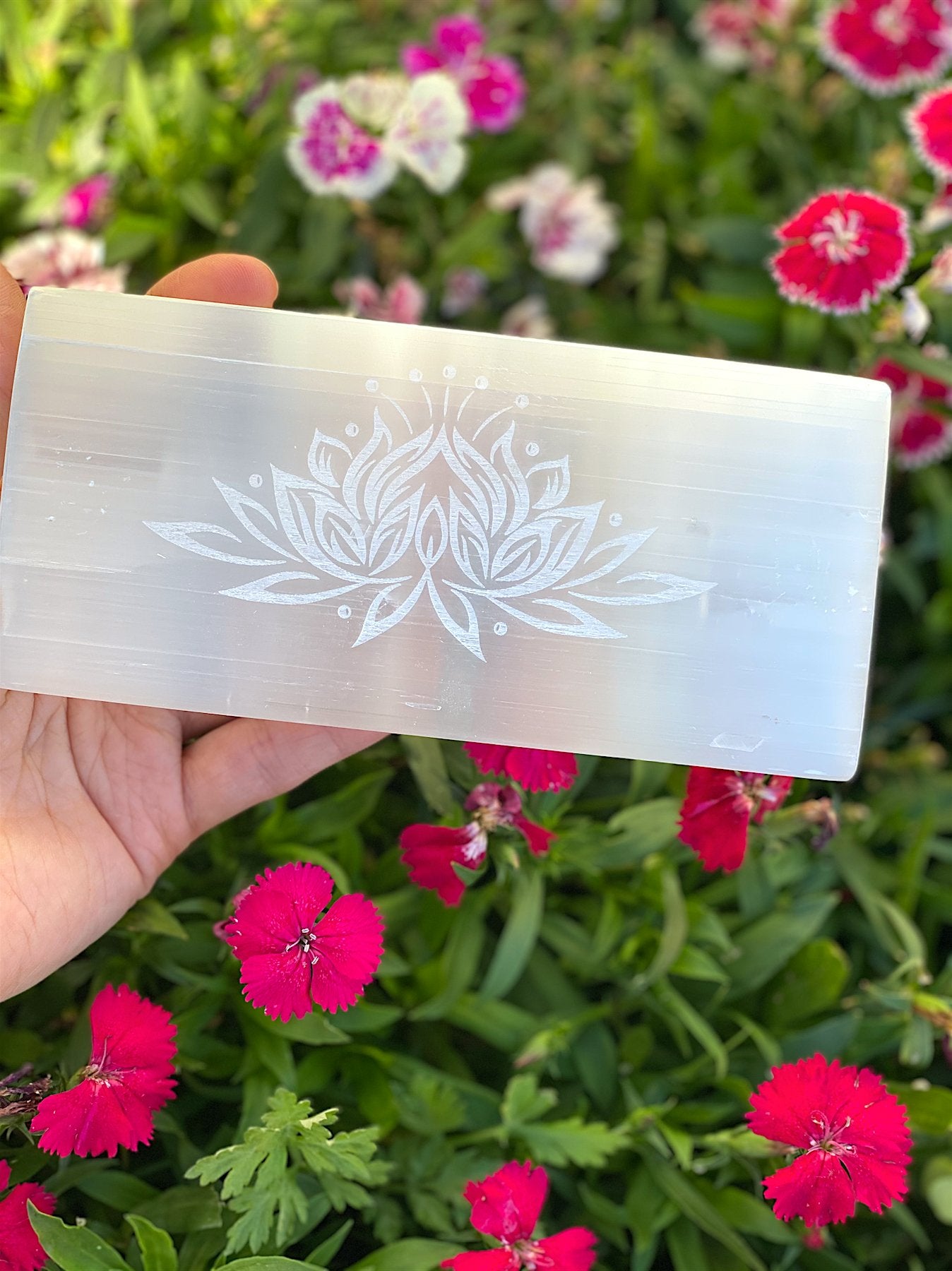 Large Selenite Rectangle Laser Etched Lotus Flower - Shop Cosmic Healing