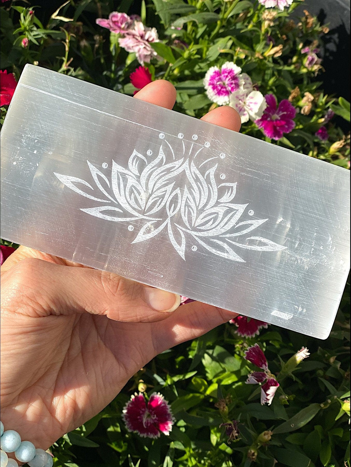 Large Selenite Rectangle Laser Etched Lotus Flower - Shop Cosmic Healing