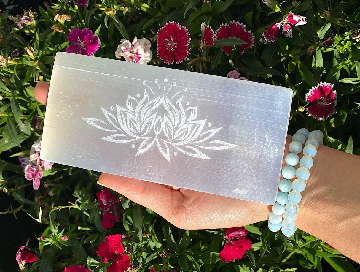 Large Selenite Rectangle Laser Etched Lotus Flower - Shop Cosmic Healing