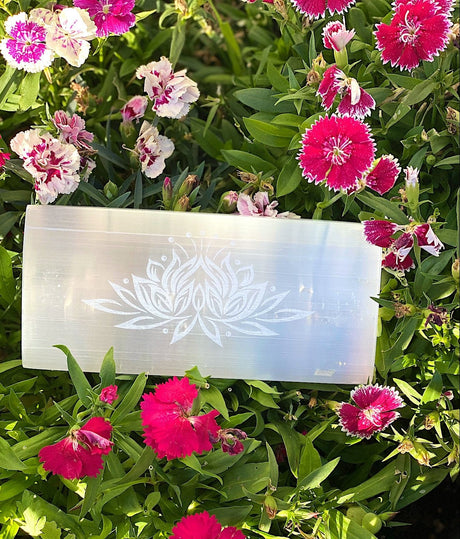 Large Selenite Rectangle Laser Etched Lotus Flower - Shop Cosmic Healing