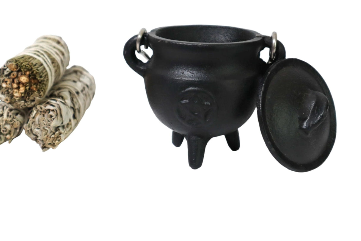 Mini Cast Iron Cauldron with Lid Pentacle Design 3"H 2.75"D - Shop Cosmic Healing