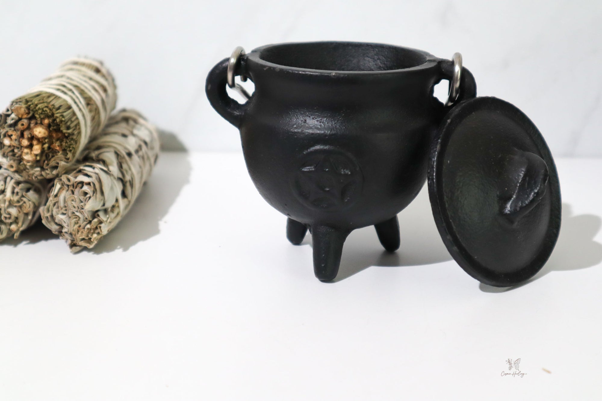 Mini Cast Iron Cauldron with Lid Pentacle Design 3"H 2.75"D - Shop Cosmic Healing