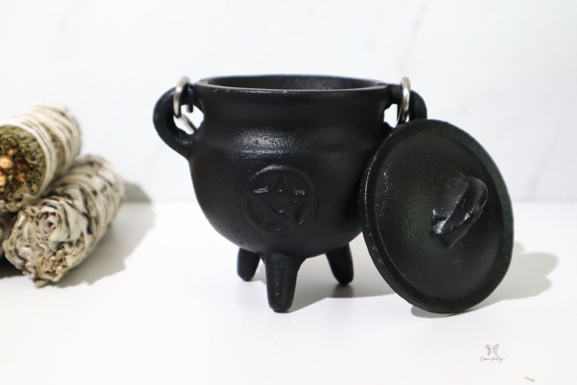 Mini Cast Iron Cauldron with Lid Pentacle Design 3"H 2.75"D - Shop Cosmic Healing
