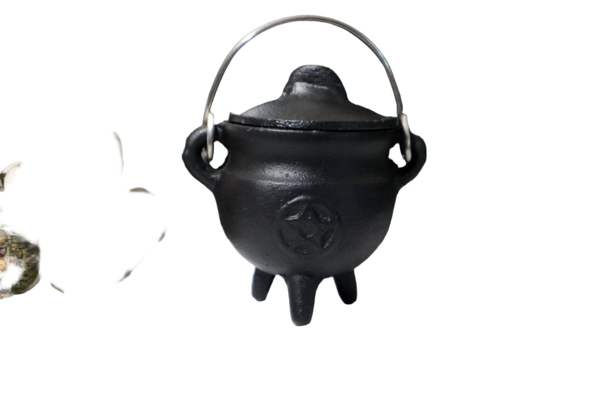 Mini Cast Iron Cauldron with Lid Pentacle Design 3"H 2.75"D - Shop Cosmic Healing