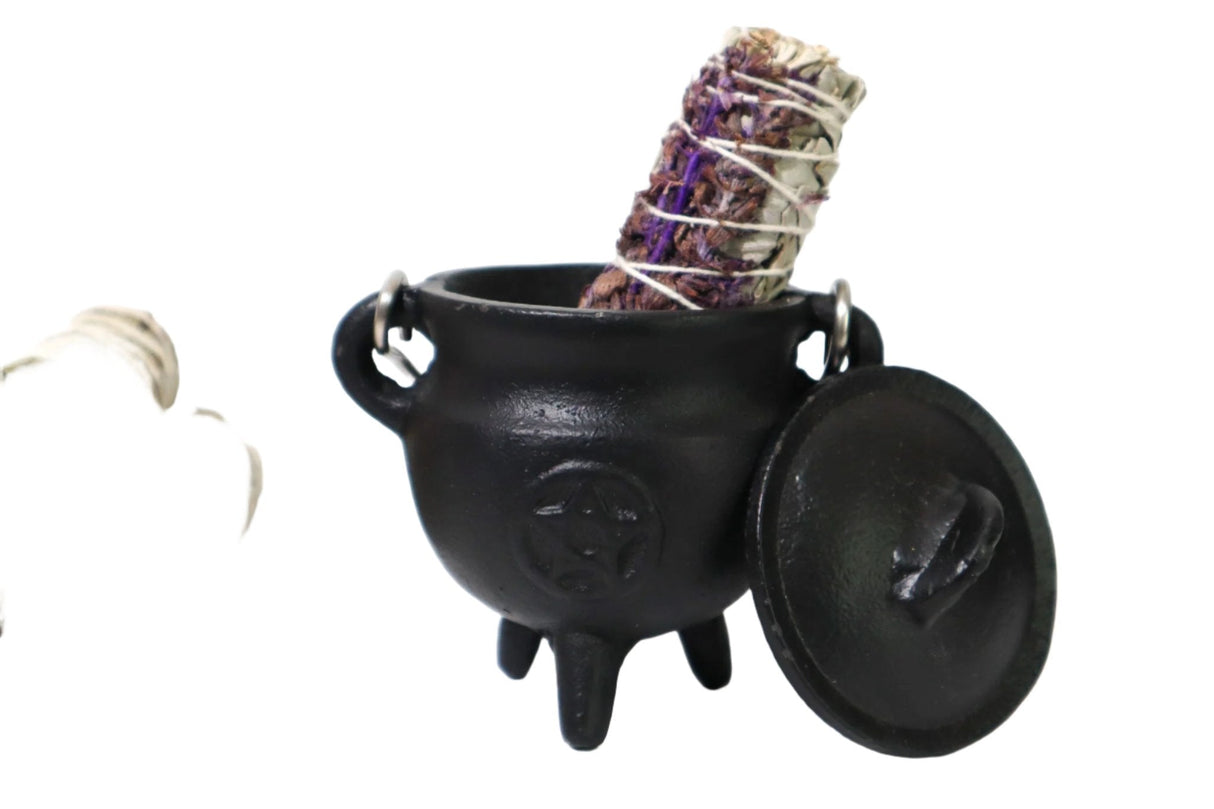 Mini Cast Iron Cauldron with Lid Pentacle Design 3"H 2.75"D - Shop Cosmic Healing