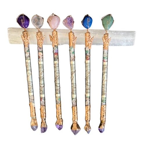 Money drawing crystal wand with clear quartz stone