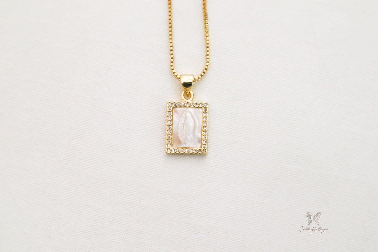 Mother of Pearl necklace featuring Our Lady of Guadalupe design