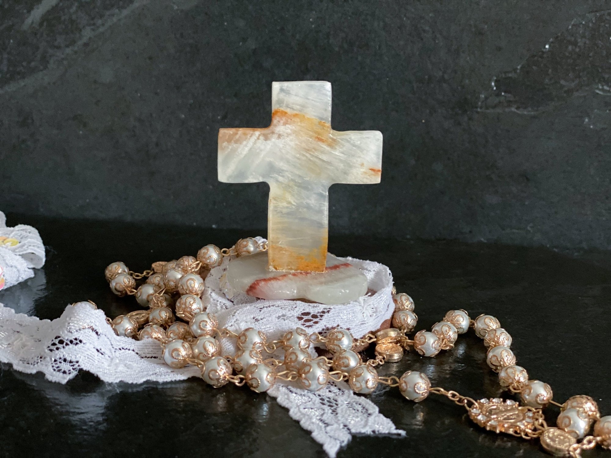 Natural Mexican Onyx Crystal Cross 3" with Heart Shape Base - Shop Cosmic Healing