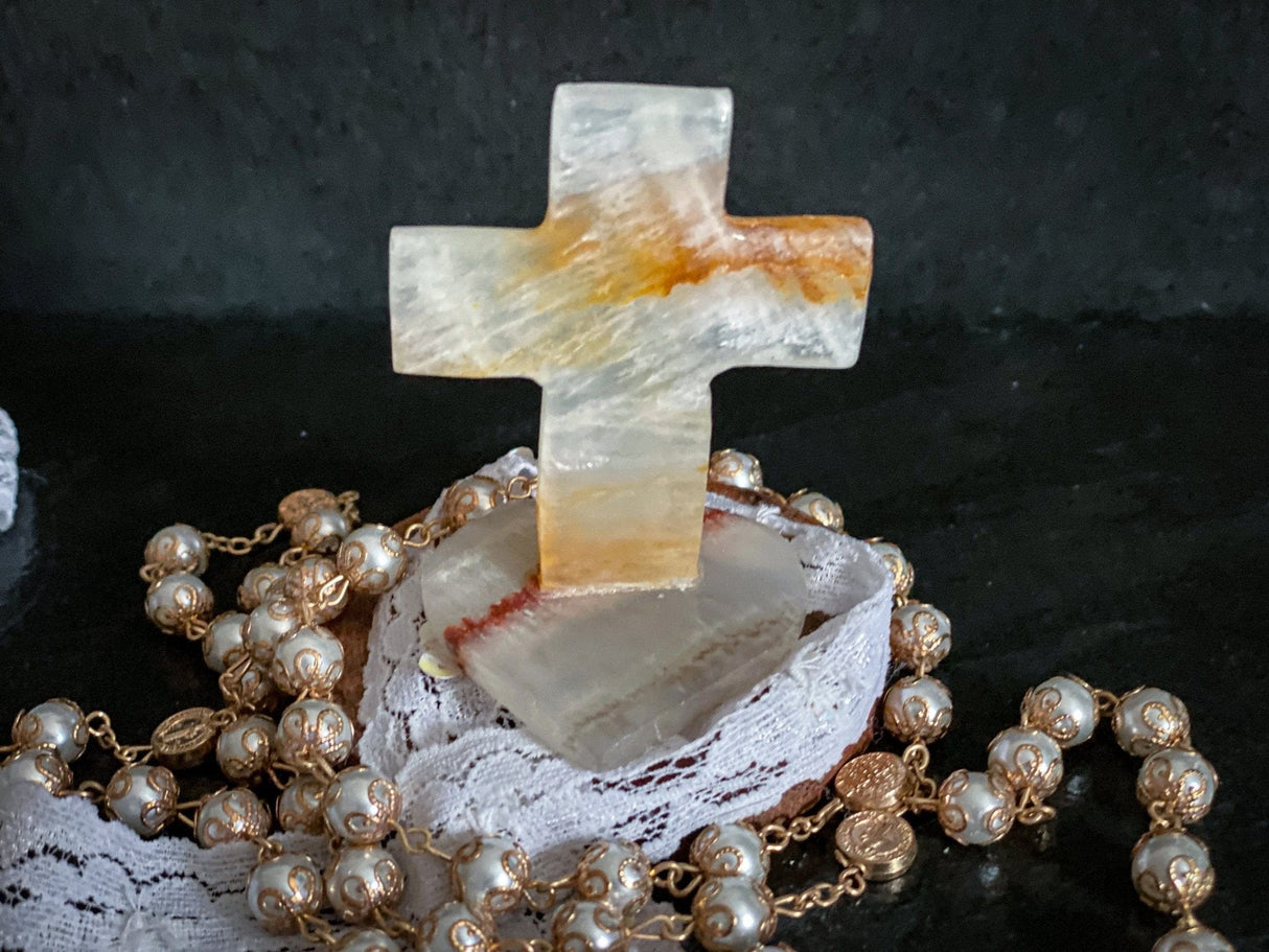 Natural Mexican Onyx Crystal Cross 3" with Heart Shape Base - Shop Cosmic Healing