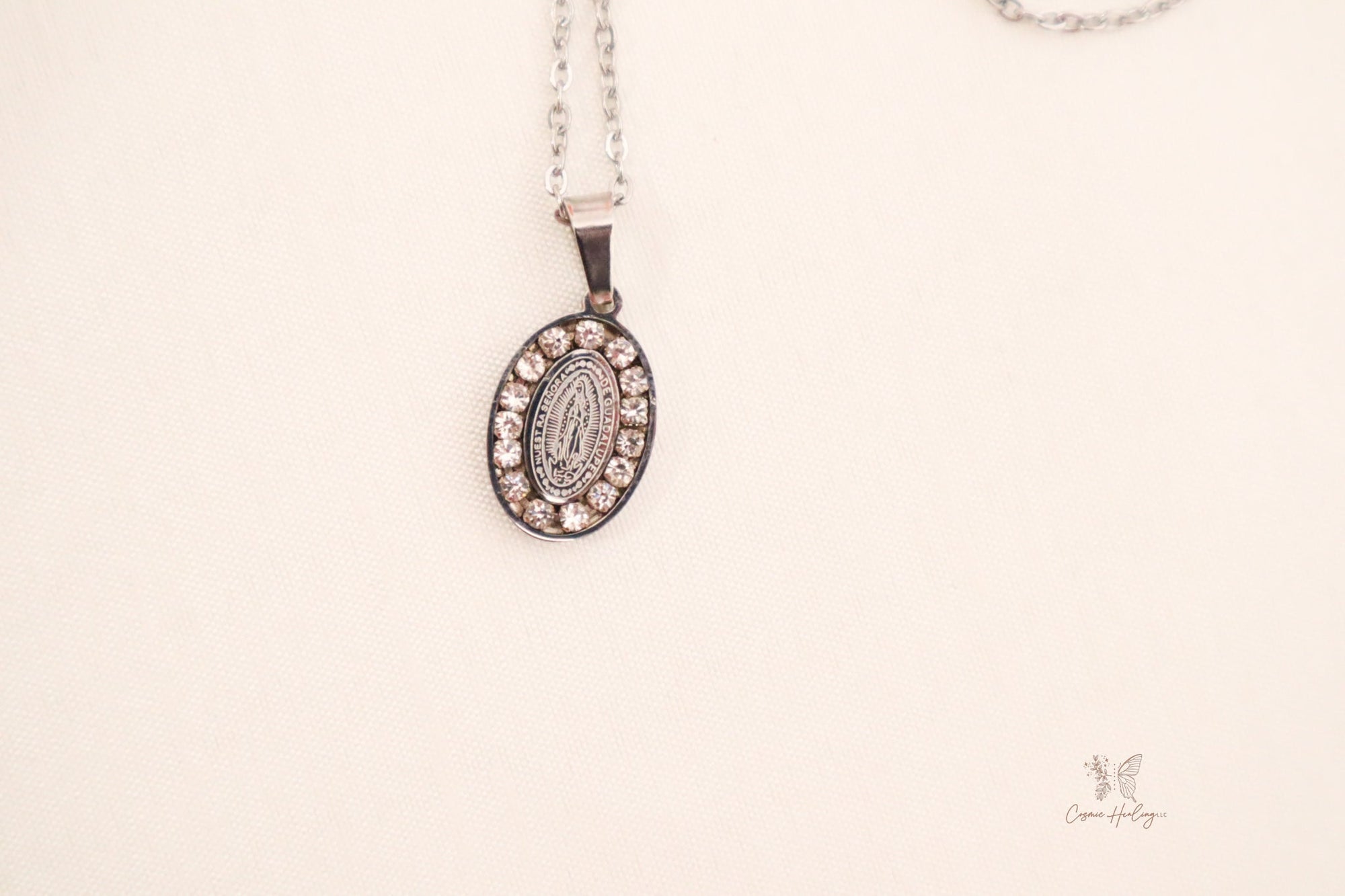 Our Lady Virgen de Guadalupe Cubic Zirconia Necklace (Silver) - Shop Cosmic Healing