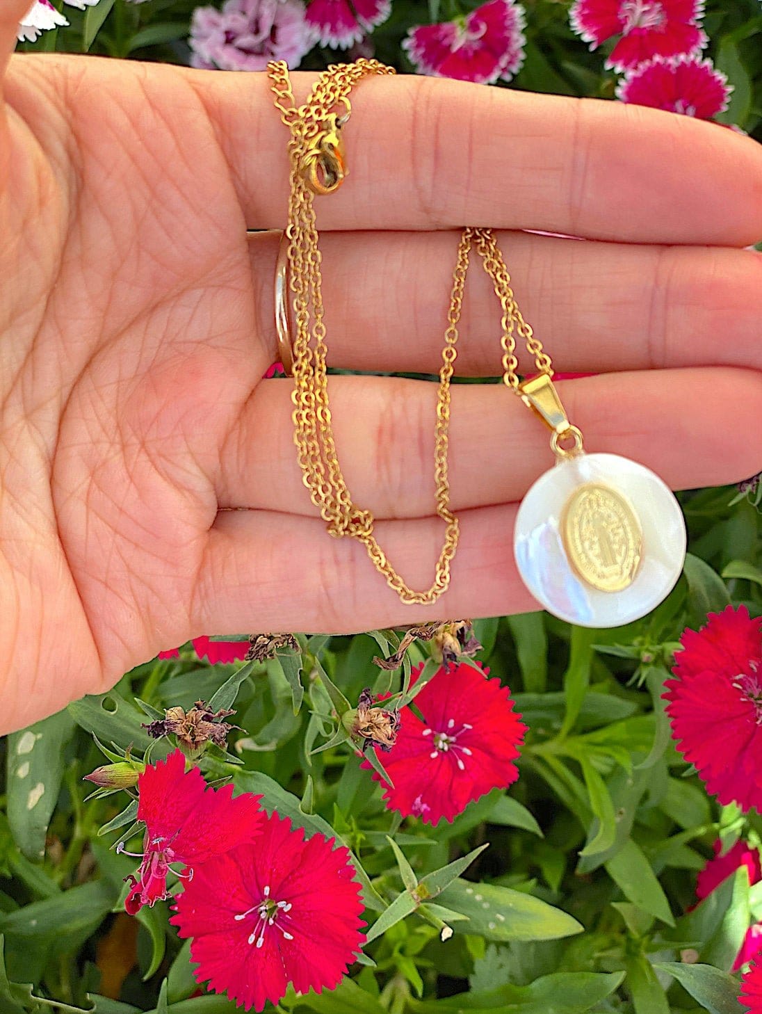 Pearl Shell Gold Filled Saint Benedict Medal Necklace - Shop Cosmic Healing