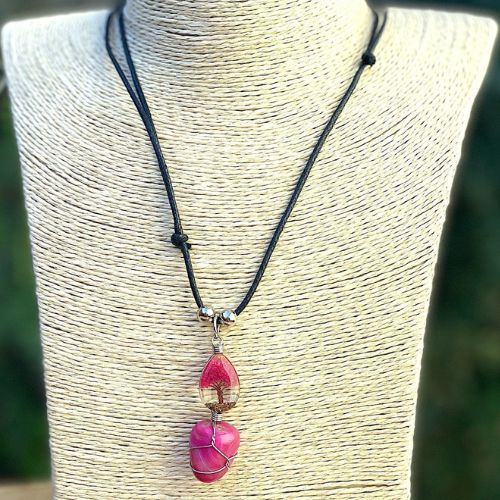 Pink Agate Wire Wrapped Crystal on Tree of Life Pendant - Shop Cosmic Healing