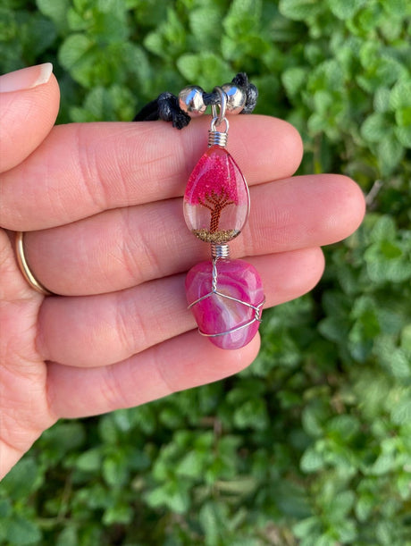 Pink Agate Wire Wrapped Crystal on Tree of Life Pendant 