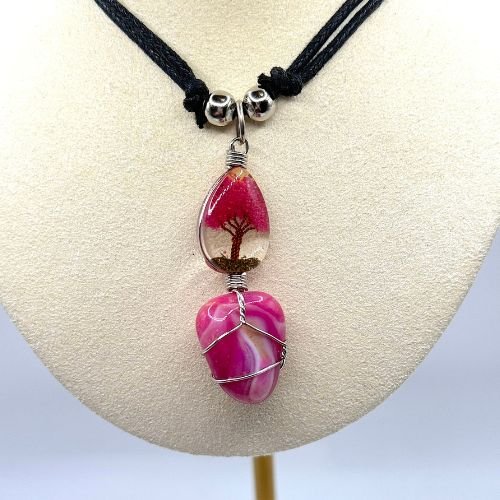 Pink Agate Wire Wrapped Crystal on Tree of Life Pendant - Shop Cosmic Healing