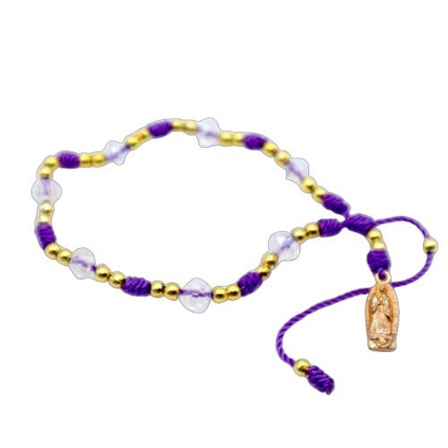 Purple & Gold Virgen de Guadalupe Knotted Rope Bracelet - Shop Cosmic Healing