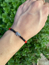 Red Cord Lucky Elephant Bracelet Adjustable Knot Black Silver Beads - Shop Cosmic Healing