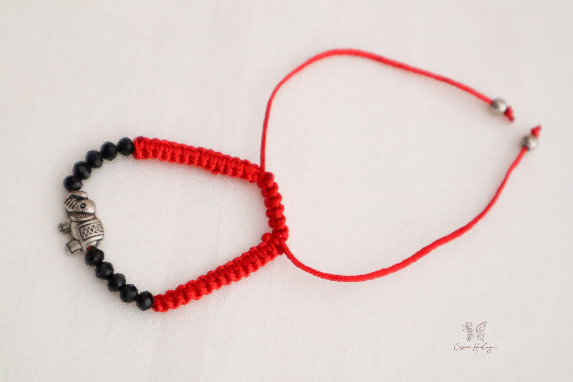Red Cord Lucky Elephant Bracelet Adjustable Knot Black Silver Beads - Shop Cosmic Healing