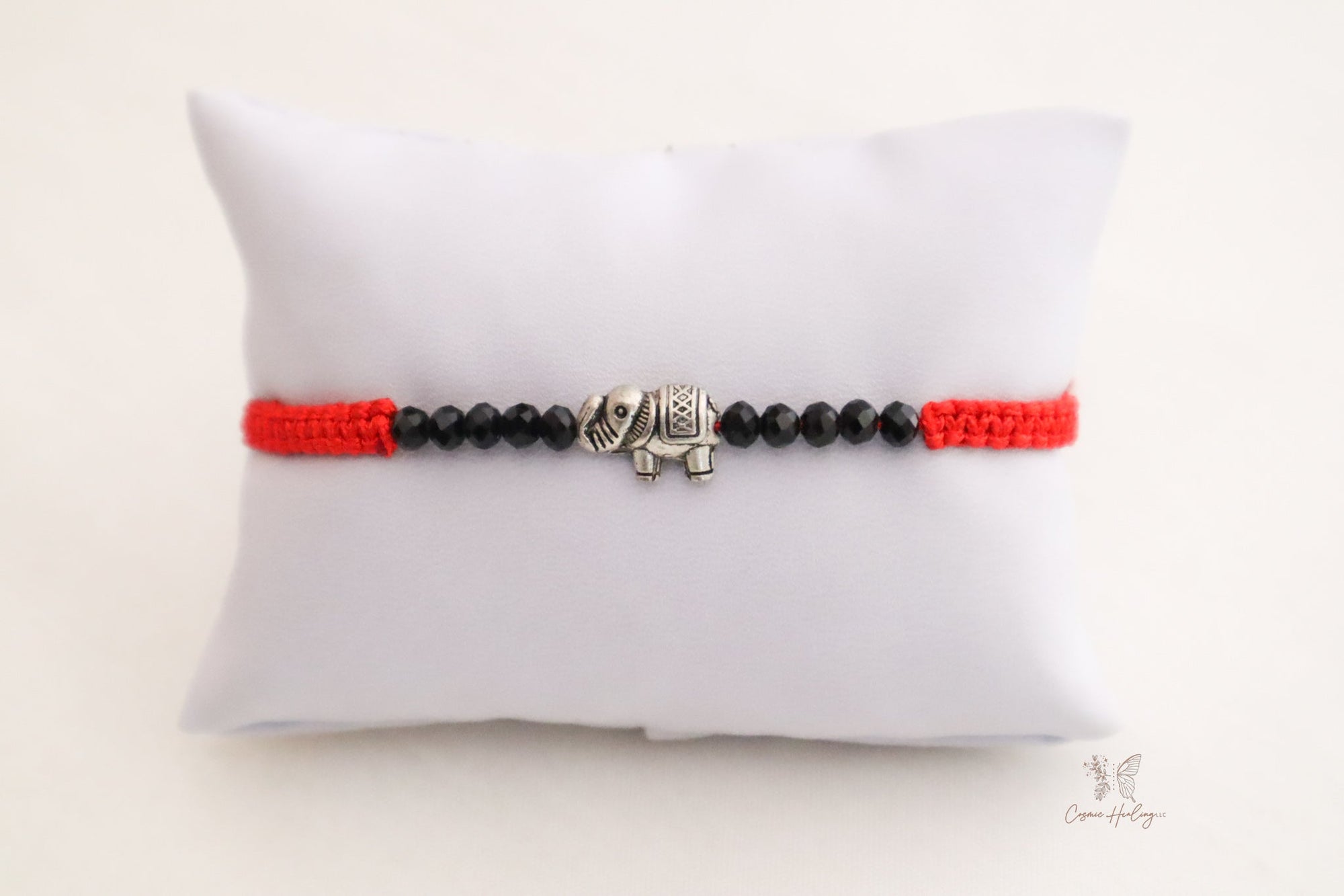 Red Cord Lucky Elephant Bracelet Adjustable Knot Black Silver Beads - Shop Cosmic Healing