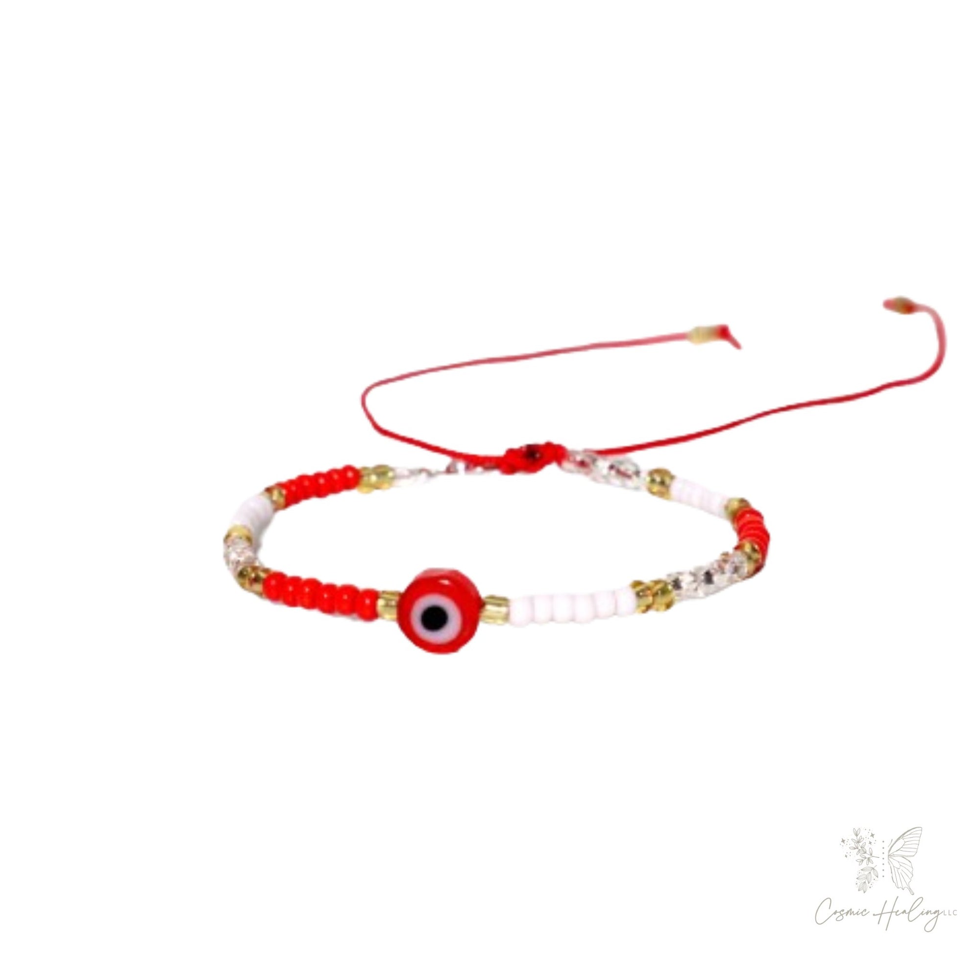 Red Evil Eye Charm Bracelet White, Red, Gold Beads - Shop Cosmic Healing